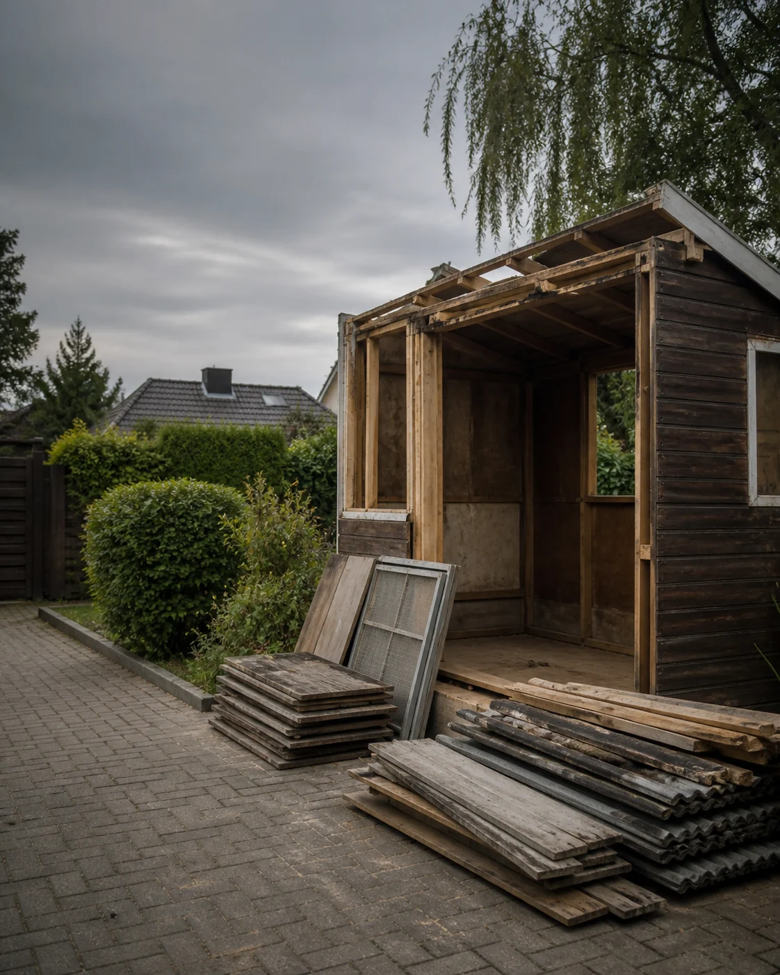 Material und Abbruchreste an einem Gartenschuppen